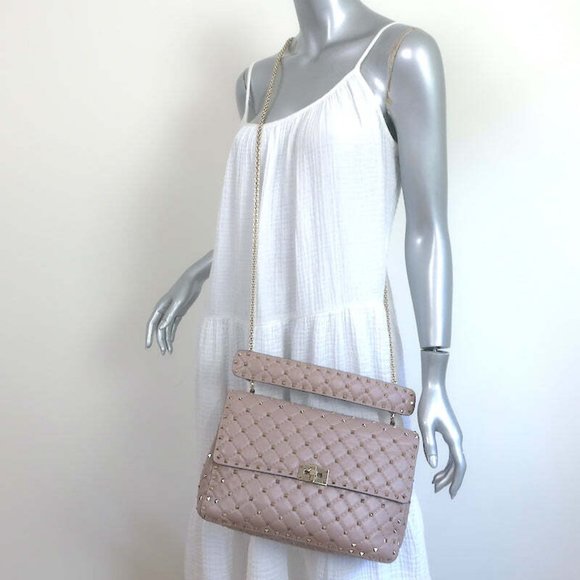 Valentino Large Rockstud Spike Chain Strap Bag Poudre Leather - Picture 2 of 11